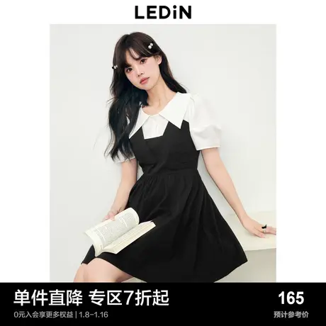 乐町拼色翻领小黑裙夏季泡泡袖收腰女装裙显瘦通勤连衣裙商品大图