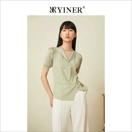 YINER音儿女装夏季法式优雅拼接泡泡袖亮丝针织衫商品大图