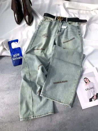 水洗磨白字母刺绣牛仔阔腿裤2024春季新款显瘦百搭高腰宽松直筒裤商品大图