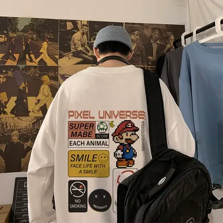 2023新款无帽卫衣男ins潮牌秋冬季美式复古宽松长袖款圆领上衣服商品大图