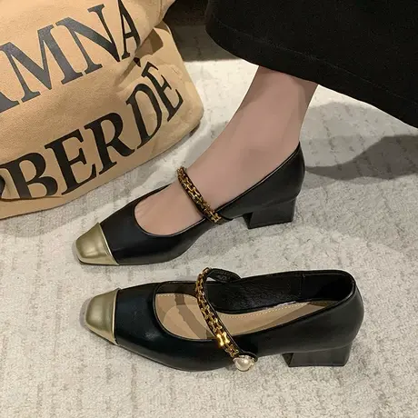 法式粗跟玛丽珍鞋女2024春秋新款复古方头浅口单鞋通勤低跟奶奶鞋商品大图
