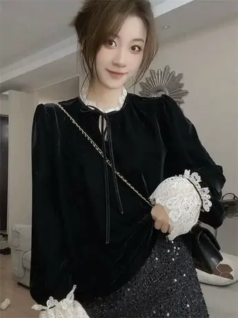 法式小众设计感木耳边丝绒上衣2024新款早春宽松气质显瘦打底小衫商品大图