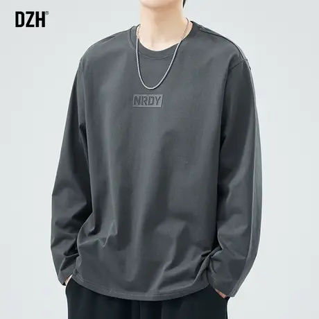 男士深灰色圆领长袖t恤男春季潮牌宽松纯棉打底衫上衣2024年新款商品大图