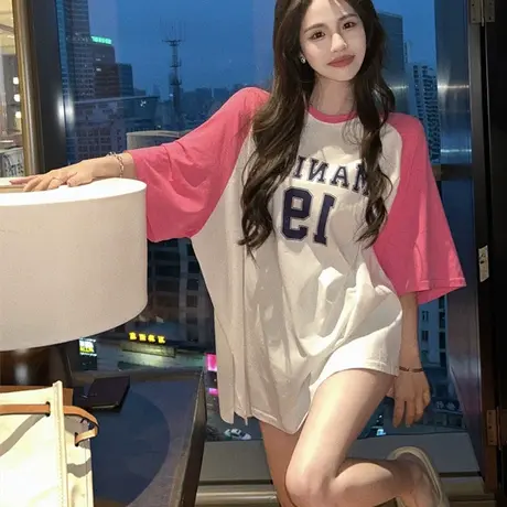 撞色纯棉短袖t恤女夏季宽松小众设计感oversize半袖复古美式上衣商品大图