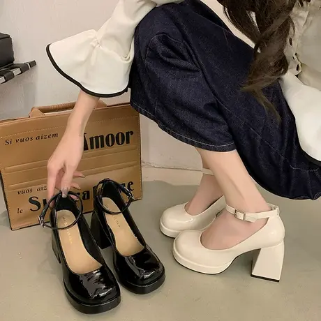 高跟鞋女婚鞋法式一字带玛丽珍鞋防水台粗跟单鞋米白色气质伴娘鞋图片