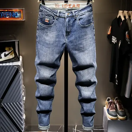 夏季薄款潮牌牛仔裤男直筒修身复古做旧休闲长裤子男士百搭小脚裤商品大图