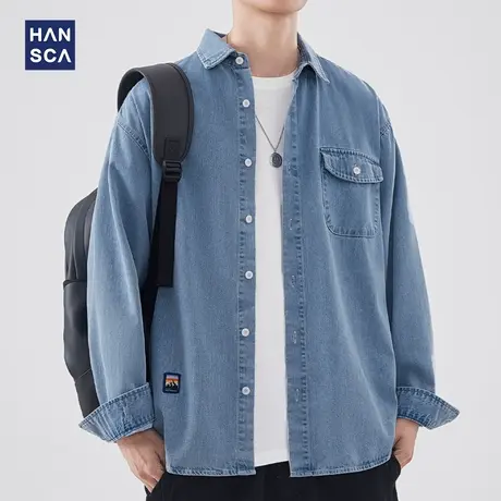 hansca牛仔长袖衬衫男春季新款美式潮牌复古水洗宽松休闲外套上衣图片