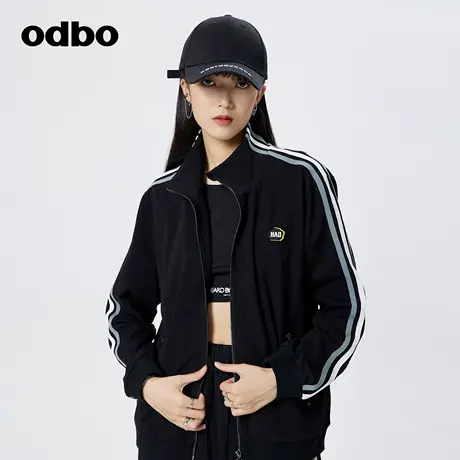 odbo/欧迪比欧休闲气质黑色短外套女春季新款百搭针织运动上衣商品大图