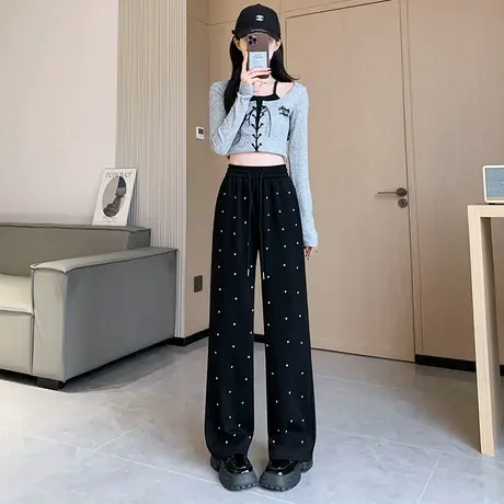 重工镶钻窄版阔腿裤女春秋高腰垂感直筒裤小个子运动卫裤拖地长裤商品大图