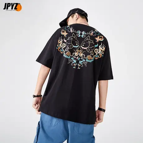 国潮兔年刺绣短袖T恤男体恤衫夏季小众设计情侣潮牌宽松2023新款商品大图