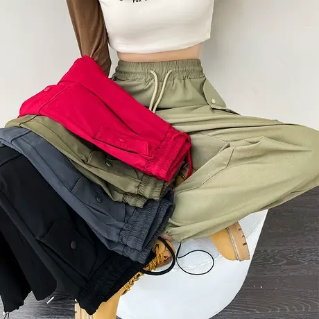 复古美式抽绳工装裤女春秋高腰垂感阔腿束脚两穿辣妹休闲运动长裤图片