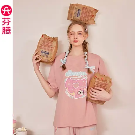 芬腾睡衣女夏季纯棉薄款圆领短袖套装卡通可爱少女休闲宽松家居服商品大图