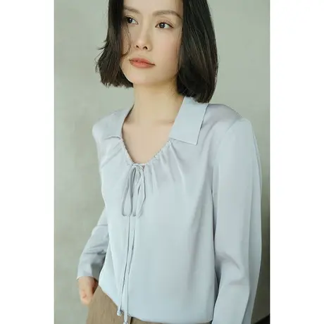 2024春夏新款气质长袖100%重磅真丝衬衫女宽松系绳弹力真丝上衣女商品大图