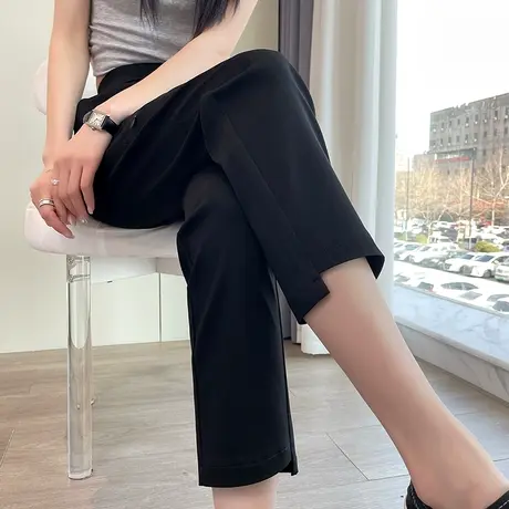 黑色高腰九分直筒休闲裤女2024春夏新款拉链破洞显瘦小个子烟管裤图片