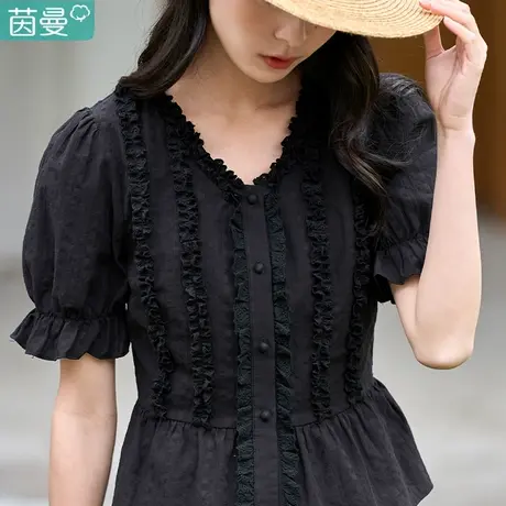 茵曼官方旗舰店衬衫衬衣2024年新款女夏季别致v领法式上衣因曼图片