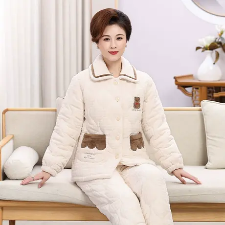 婷美中老年睡衣女士秋冬季三层加厚夹棉长毛绒保暖套装冬款家居服商品大图