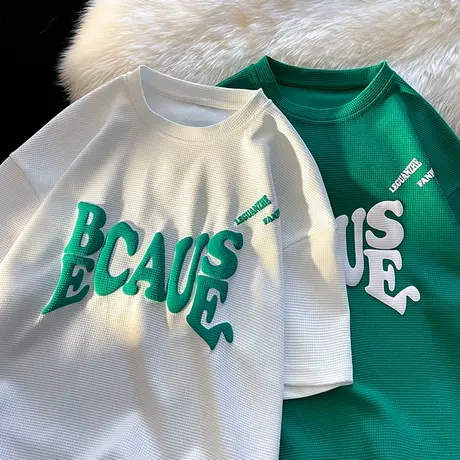 重磅华夫格短袖男夏季宽松潮流五分半袖上衣青少年冰丝透气T恤男商品大图