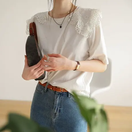 嘉茱莉2023夏季新款短袖T恤女蕾丝设计感小众白色打底衫上衣内搭商品大图