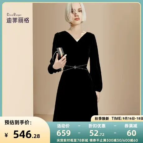 迪菲丽格秋季高端复古金丝绒连衣裙女2023年新款精致钉珠气质裙子图片