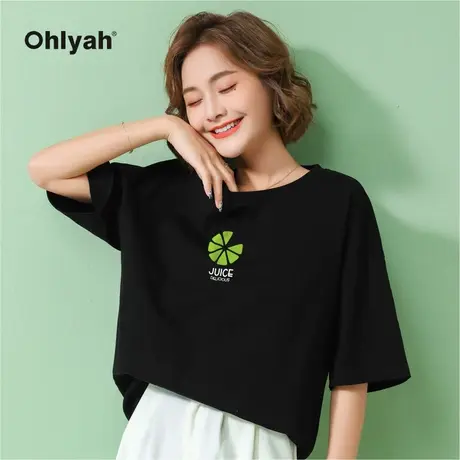 Ohlyah品牌 黑色纯棉短袖t恤女宽松简约水果印花上衣百搭体恤学生商品大图