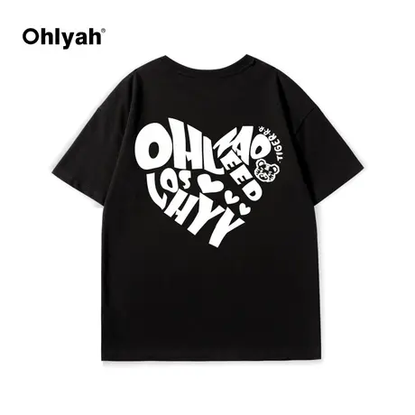 Ohlyah爱心字母印花短袖t恤女2022夏圆领纯棉情侣款宽松上衣ins潮图片