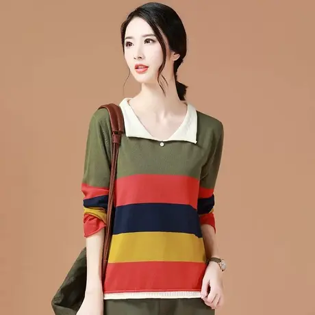 韩潮袭人韩版撞色条纹长袖打底针织衫女2023春秋新款宽松套头毛衣图片