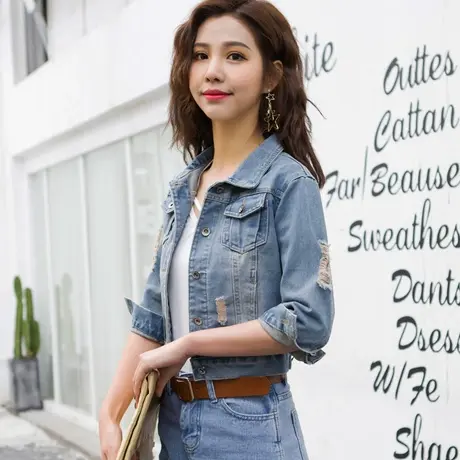 牛仔外套女短款修身韩版新款显瘦学生七分袖春秋牛仔服上衣高腰81商品大图