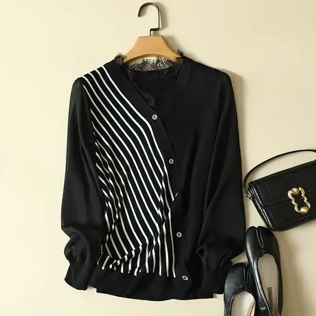 雪纺袖冰丝针织假开衫女秋季2023年新款宽松上衣洋气蕾丝打底衫女图片