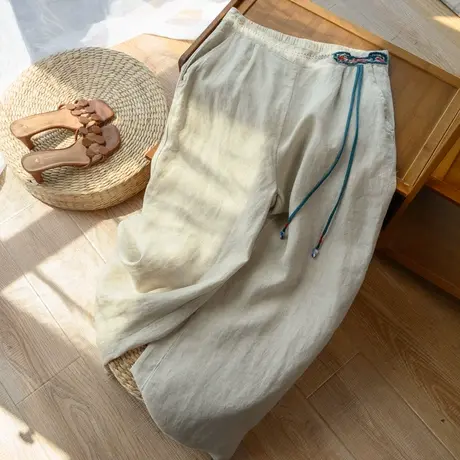 亚麻阔腿裤女刺绣宽松文艺复古宽松棉麻女裤高腰垂感2022春夏新款商品大图