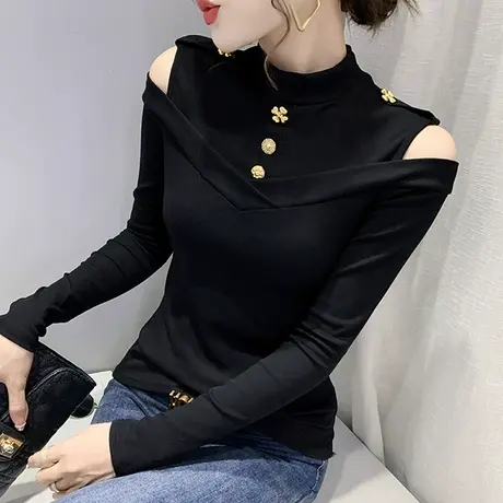 性感露肩T恤女长袖2023新款内搭半高领打底衫春秋洋气修身上衣ins图片