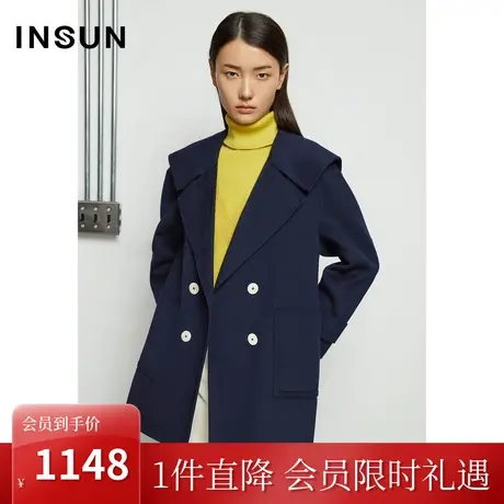 恩裳2022春季时尚潮流大翻领双排扣设计羊毛毛呢外套商品大图