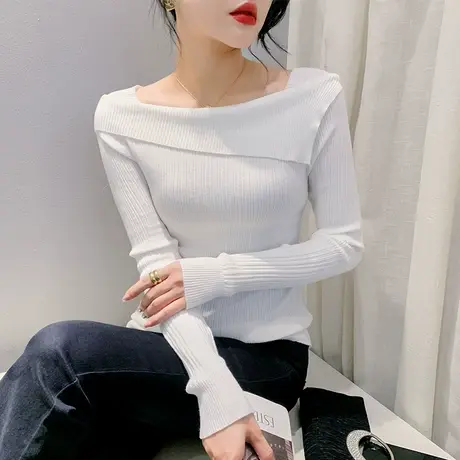 2023秋冬新款一字领针织衫不规则气质减龄上衣洋气修身收腰打底衫图片