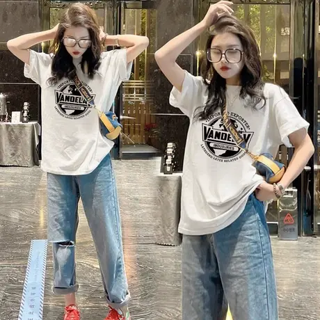 白色纯棉夏季短袖T恤女宽松休闲美式正肩设计感印花半袖体恤上衣商品大图