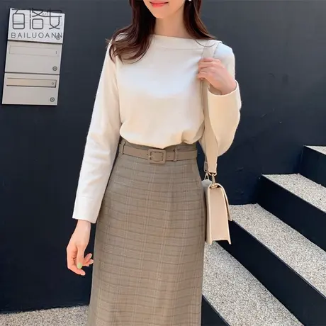 百洛安长袖百搭针织衫2023秋季新款韩版时尚毛衣打底衫一字领上衣图片