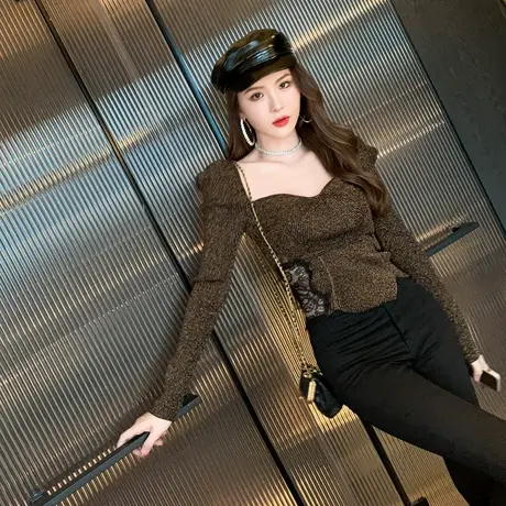金色针织上衣女泡泡袖修身显瘦方领收腰紧身打底长袖短款镂空T恤商品大图