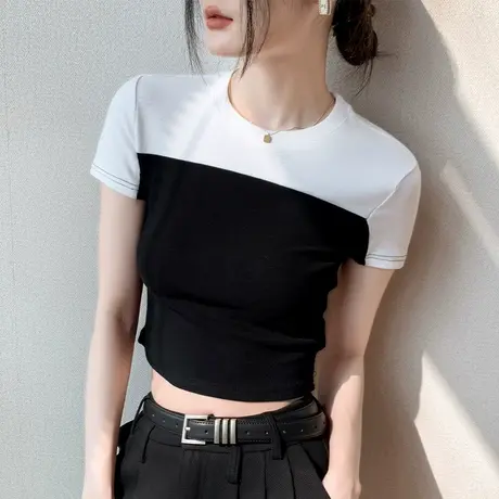 撞色短袖t恤女2023夏新款黑白拼接修身显瘦正肩半袖打底上衣短款商品大图