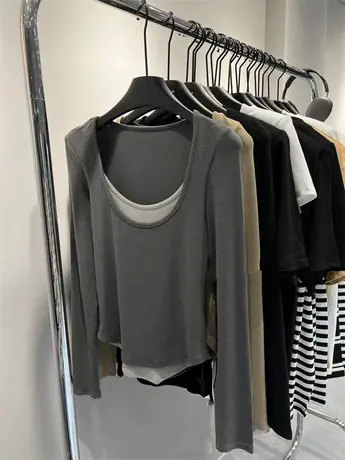 韩国东大门2023春季新款时尚简约百搭修身显瘦假两件上衣女打底衫商品大图