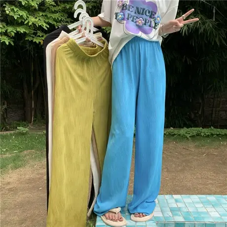 水波纹冰丝阔腿裤女夏季薄款2023新款宽松垂感高腰拖地休闲直筒裤商品大图