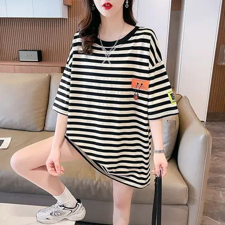 小众设计感短袖t恤女夏季韩版宽松中长款下衣失踪条纹纯棉上衣服图片