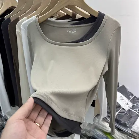 方领假两件长袖T恤女早秋洋气减龄修身韩版内搭螺纹打底衫上衣潮商品大图