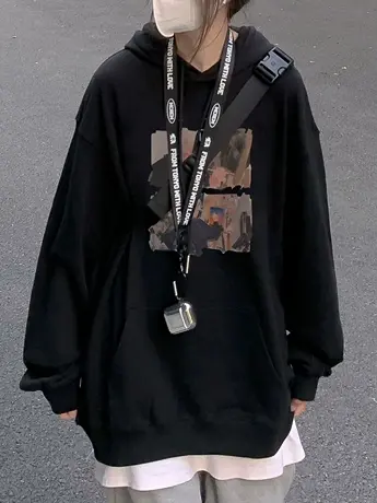 oversize连帽美式复古卫衣女春秋季薄款小众高街潮牌ins宽松外套图片