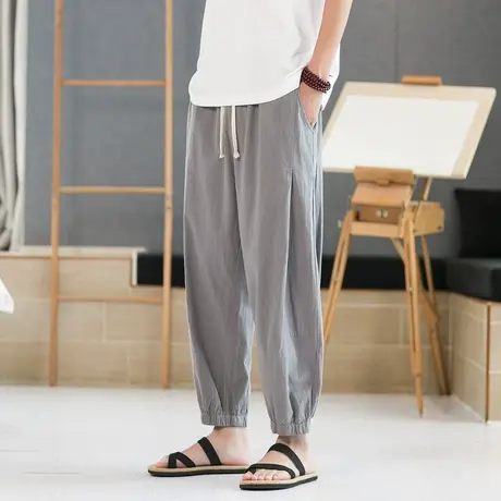 夏季天丝亚麻男士休闲九分裤新款冰丝透气运动宽松束脚男款长裤子商品大图