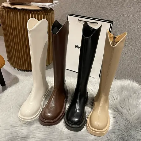 厚底长筒骑士靴女2023年新款春秋季单靴小个子中高筒不过膝长靴子商品大图