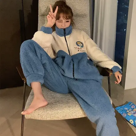 珊瑚绒睡衣女拉链款2023新款秋冬季加绒加厚法兰绒家居服套装冬款图片