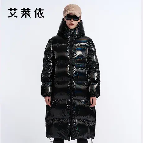 艾莱依黑色亮面羽绒服女冬季新款高级感时尚中长款连帽外套商品大图