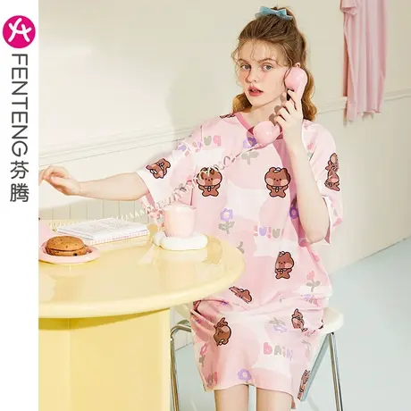 芬腾布朗熊睡裙女纯棉夏季薄款短袖中裙少女甜美风卡通可爱家居服商品大图