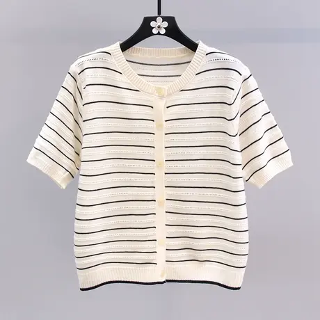 小清新条纹短袖针织开衫女夏季2023年新款高级感镂空薄款毛衣外套图片