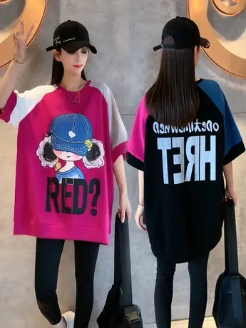 2023新款帽子女孩卡通印花韩版宽松圆领T恤大版休闲时尚大码T恤潮商品大图