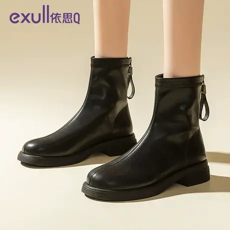 exull/依思Q2023冬季真皮尖头厚底细跟短靴女防水台高跟时装靴子图片