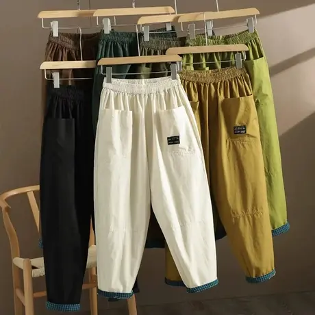 初秋新款休闲裤子大口袋宽松遮肉松紧高腰哈伦裤时尚百搭老爹裤女商品大图